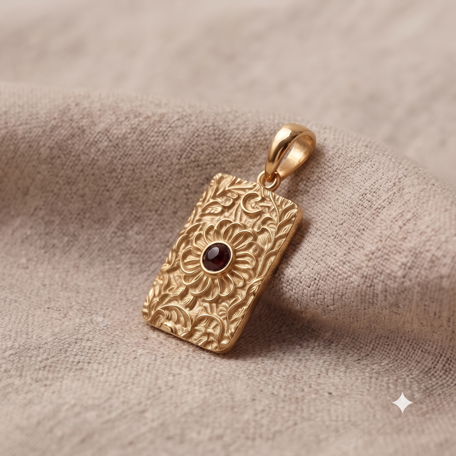 Gold Floral Rectangle Pendant Necklace, Sterling Silver Celestial Flower Charm