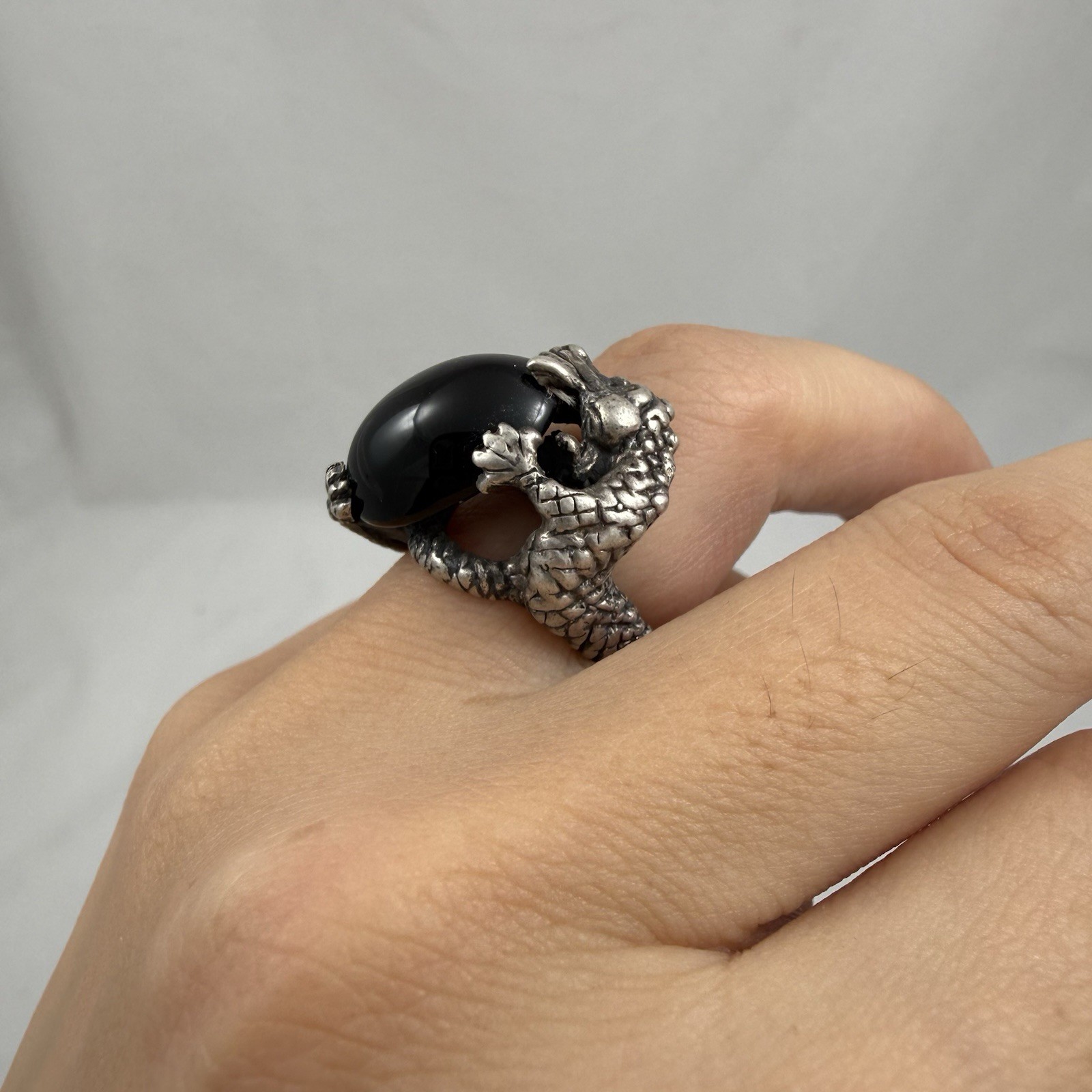 Vintage Sterling Silver Black Onyx Dragon Ring size 4.75 9.2 Grams