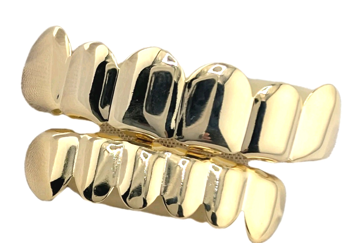Gold or Silver Plated Grillz Top & Bottom Set 6 Teeth Hip Hop w/ Molding Bar