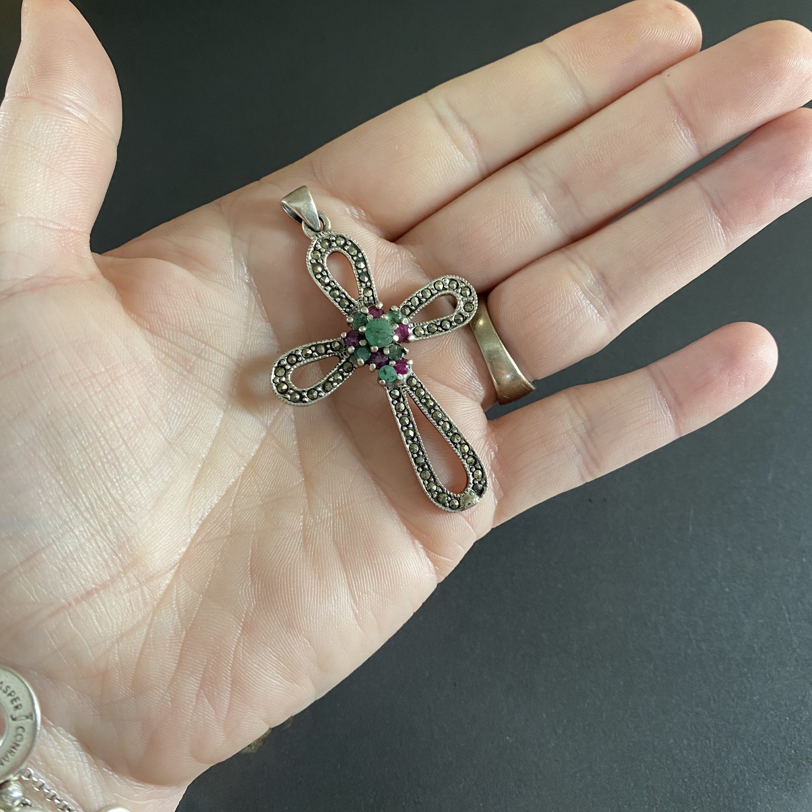 Sterling Silver Cross Pendant Large 925 Emerald Ruby Marcasite Gothic Religious