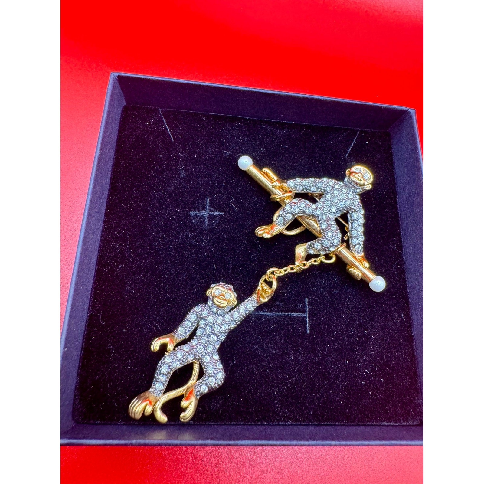 Vintage Rhinestone Monkeys Brooch Pin Dangle Articulated Gold Tone Faux Pearl