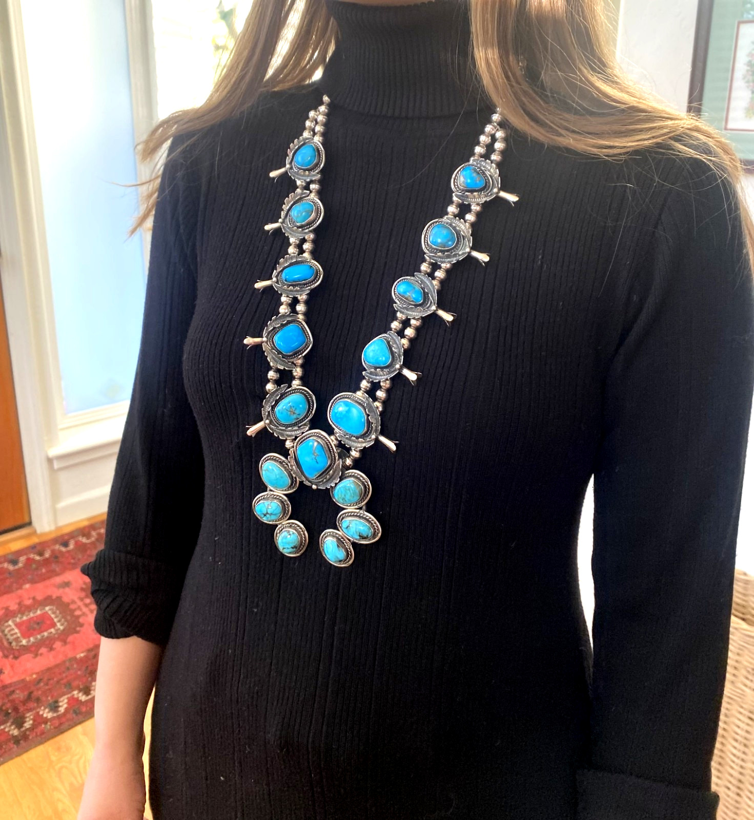 Turquoise Squash Blossom Necklace Vintage Sterling 275g