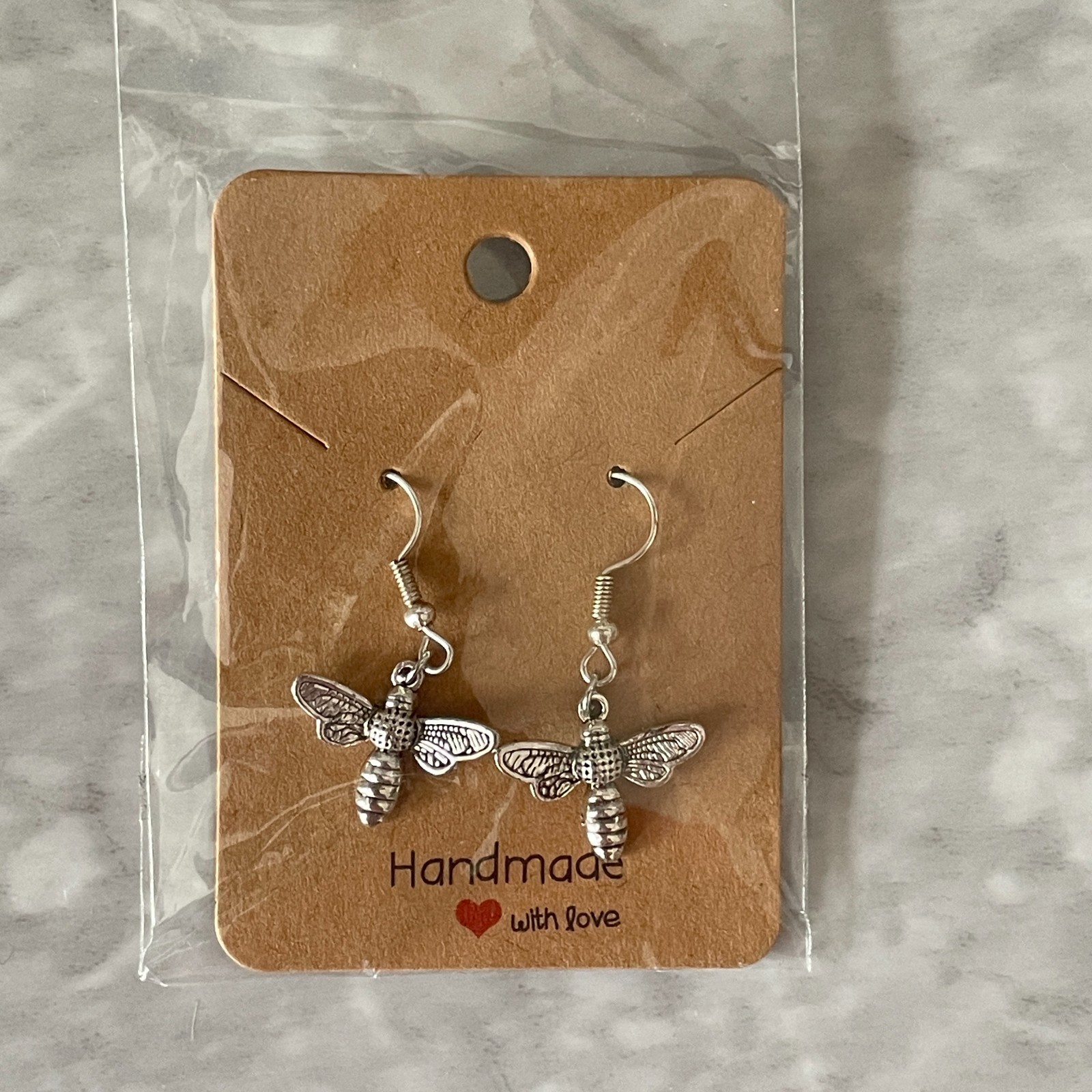 Pocket Hug – Handmade Earrings Silver Tone Large Bee Charm Drop Hook Gift