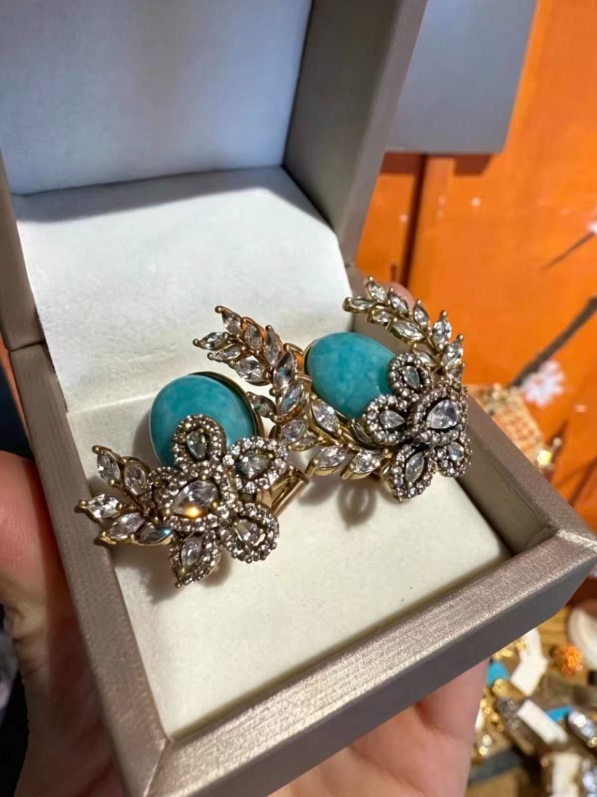 Turquoise Floral Earrings Vintage Gold Crystal Statement Luxury Jewelry Gift