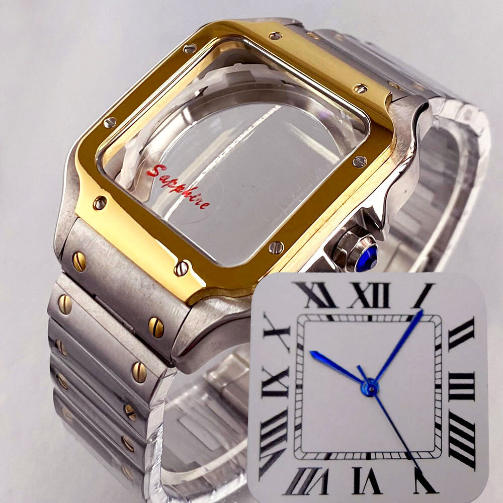 42mm Silver Gold Square Watch Case 27mm Dial White Blue Black fit NH35 NH36 NH38