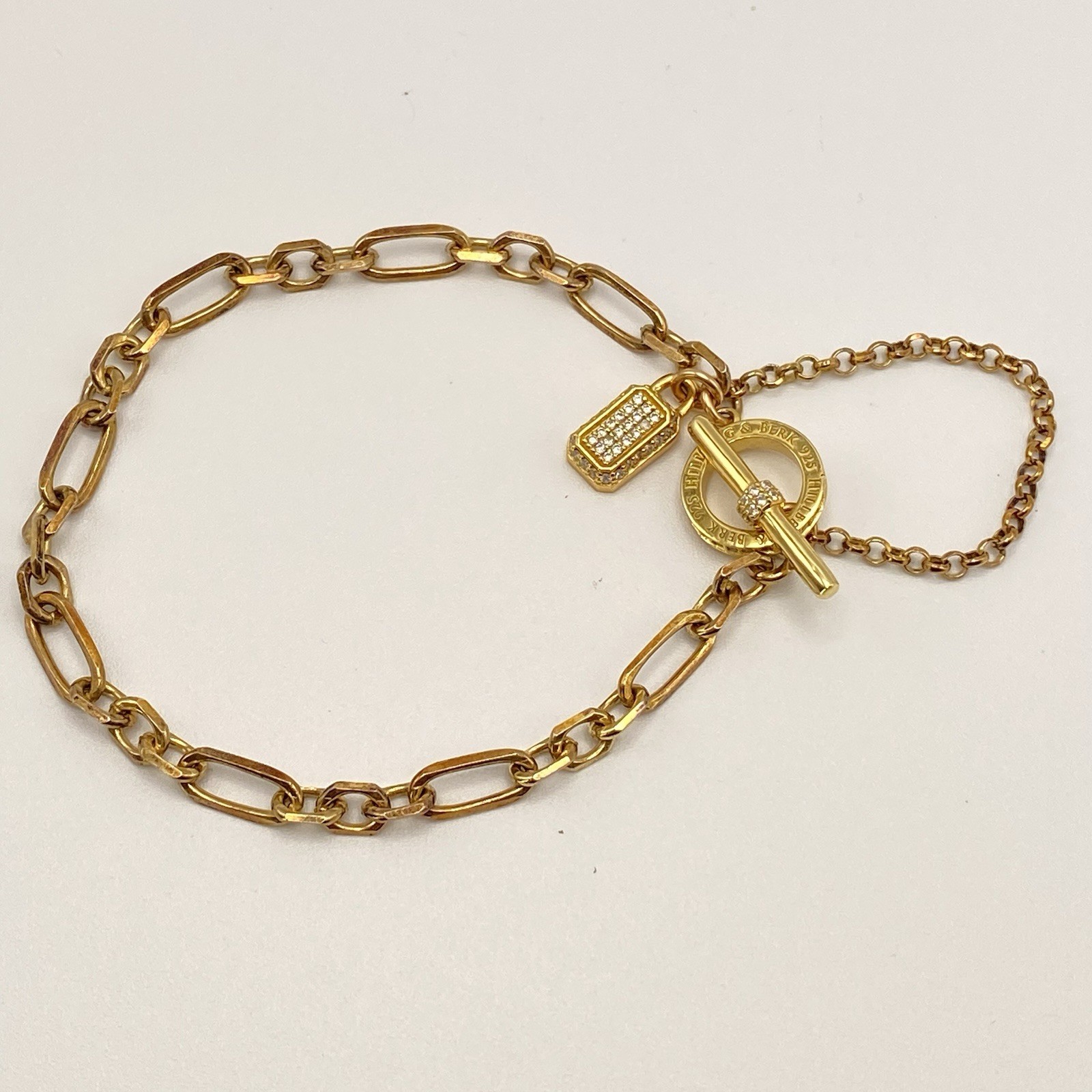 Hillberg & Berk Gemstone Bracelet 925 Gold Paper Clip Lock Charm Cubic Zirconia
