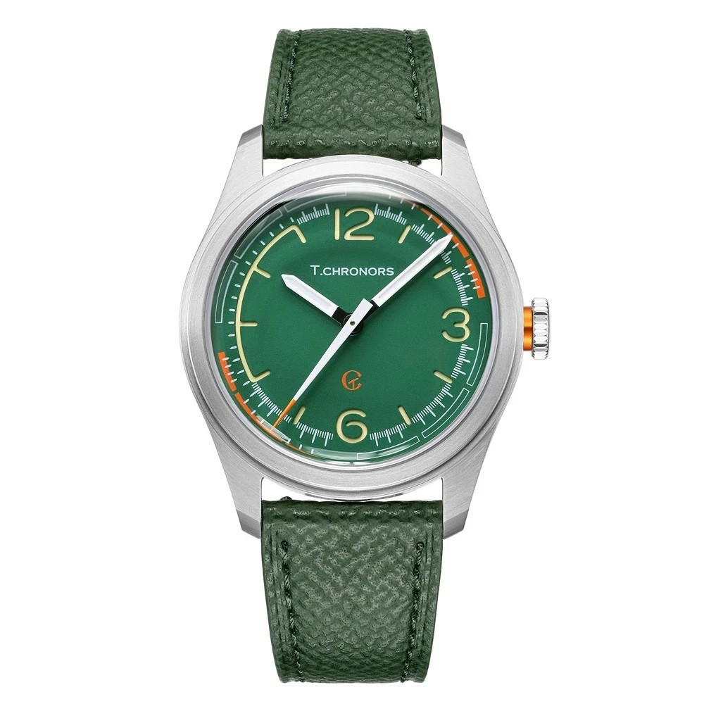 SEAKOSS T.Chronors 38.5mm Green Mechanical Watch with Leather Strap and Luminous