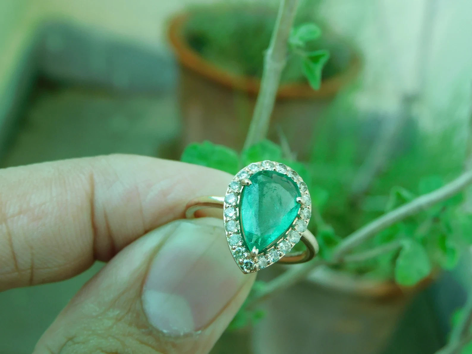 3.29Ct Pear Cut Natural Emerald Diamond Wedding Ring 14K Yellow Gold Size 6