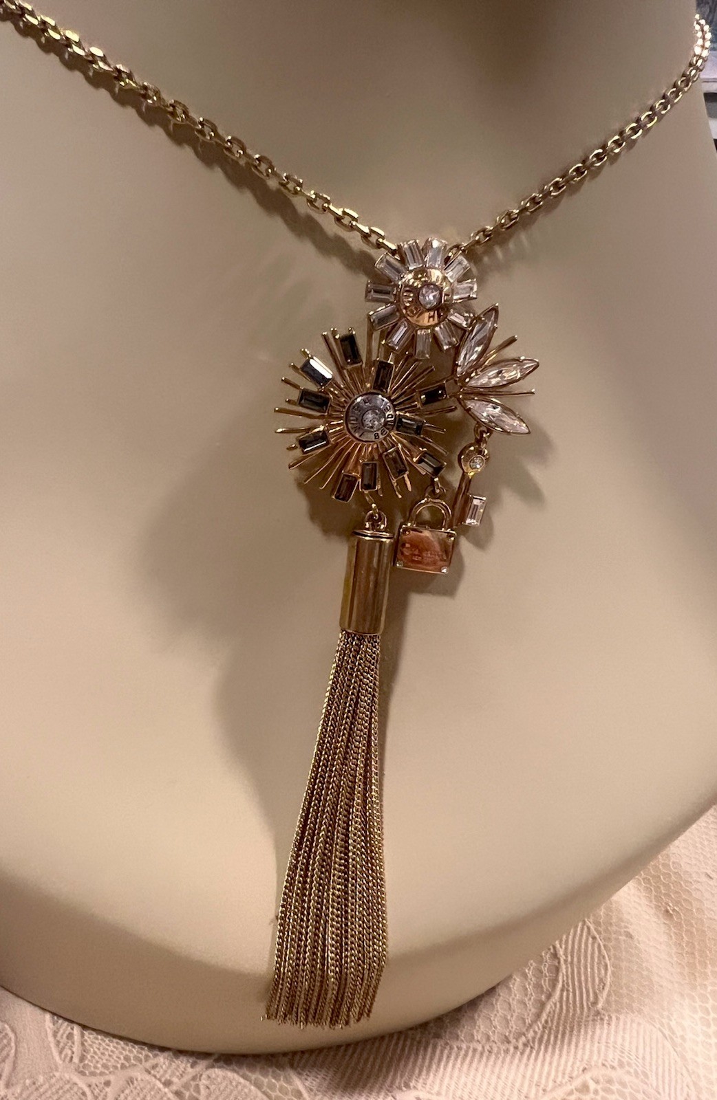 Henri Bendel 712 NY Crystal Padlock Key Statement Tassel Necklace Long 32″