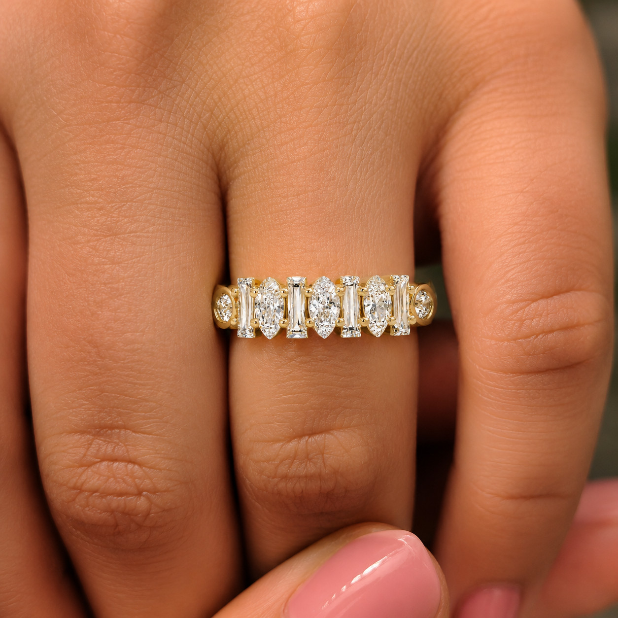 0.45 CTW Round,Pear &Baguette Lab Grown Diamond Eternity Ring 925 Silver DEF VVS