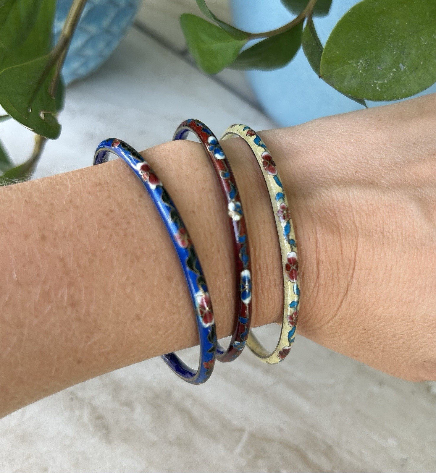 Boho Enameled Cloisonné Bangle Bracelet Set of 3 Round No Closure