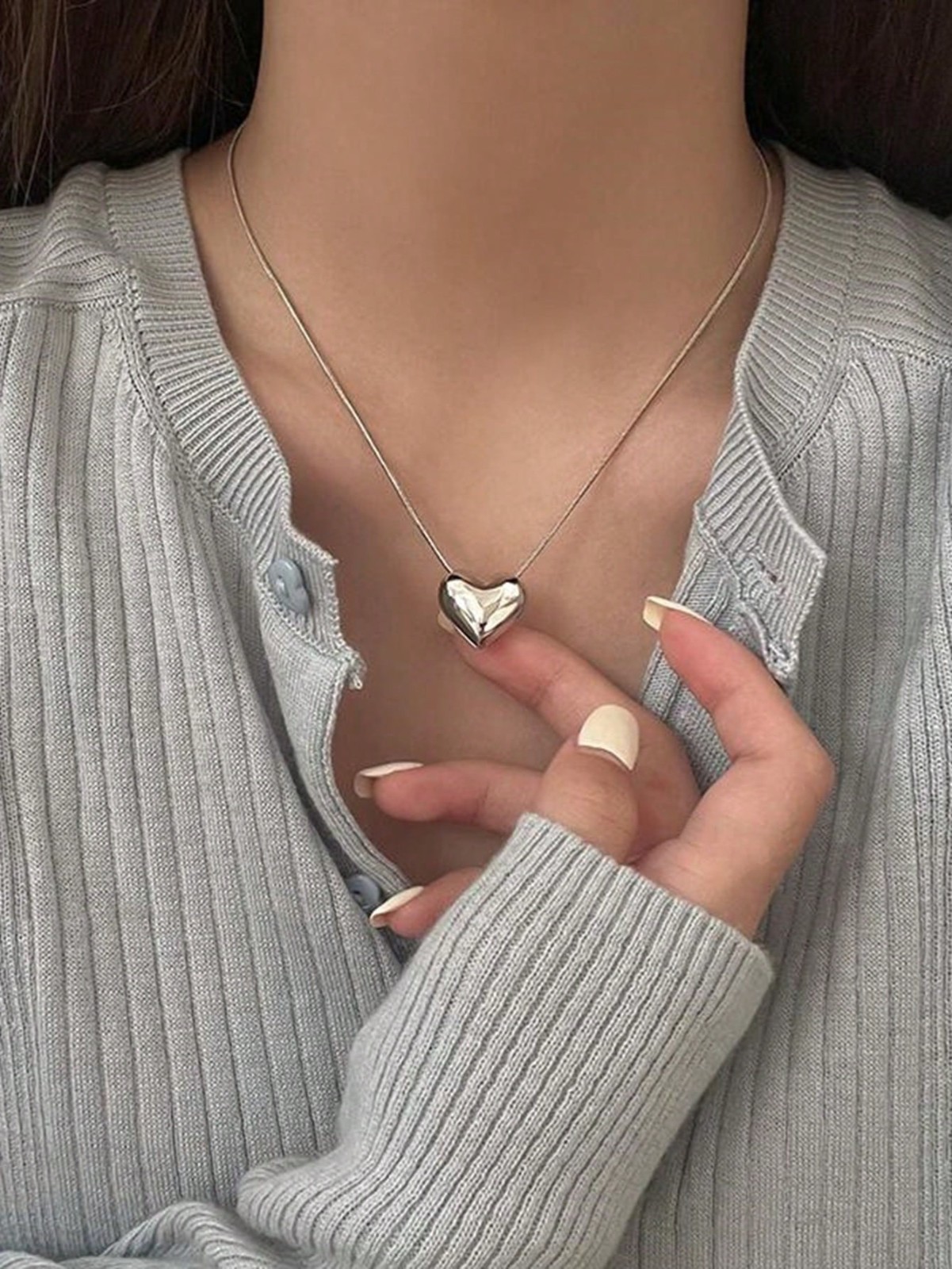 3D Puffy Heart Pendant Necklace Snake Chain Minimalist Jewelry Women Gold Silver