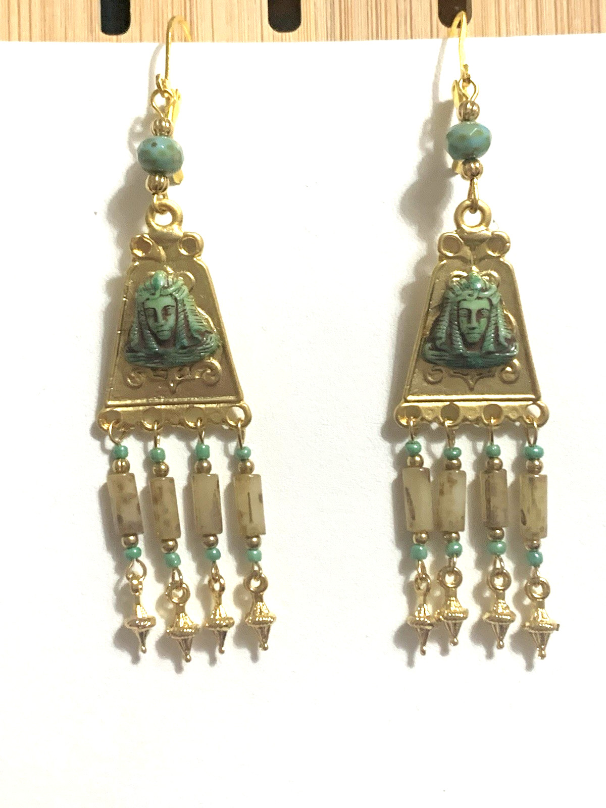 NEW ITEM*ARTISAN*EGYPT REVIVAL CZECH NEIGER GLASS PHARAOH CHANDELIER EARRINGS.g