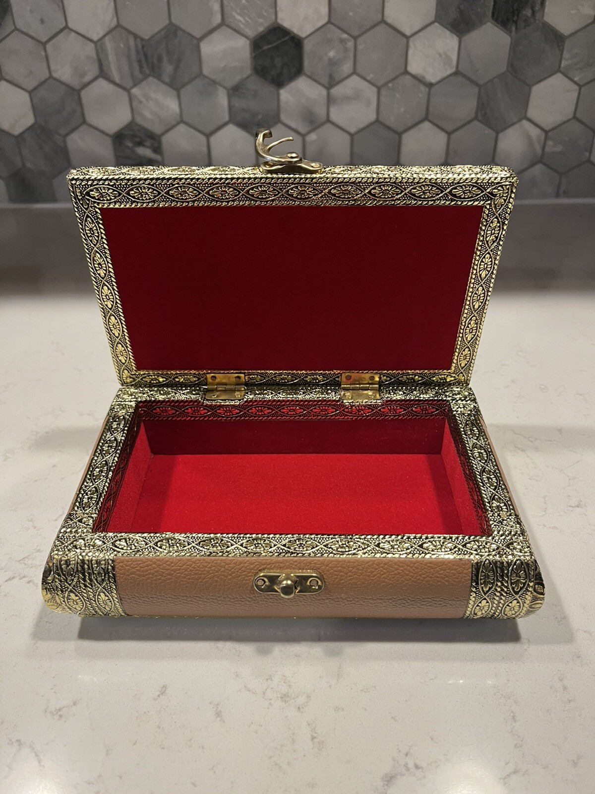 Vintage Trinket Box Camel Faux Leather Red Fabric No-Scratch Interior Hinged