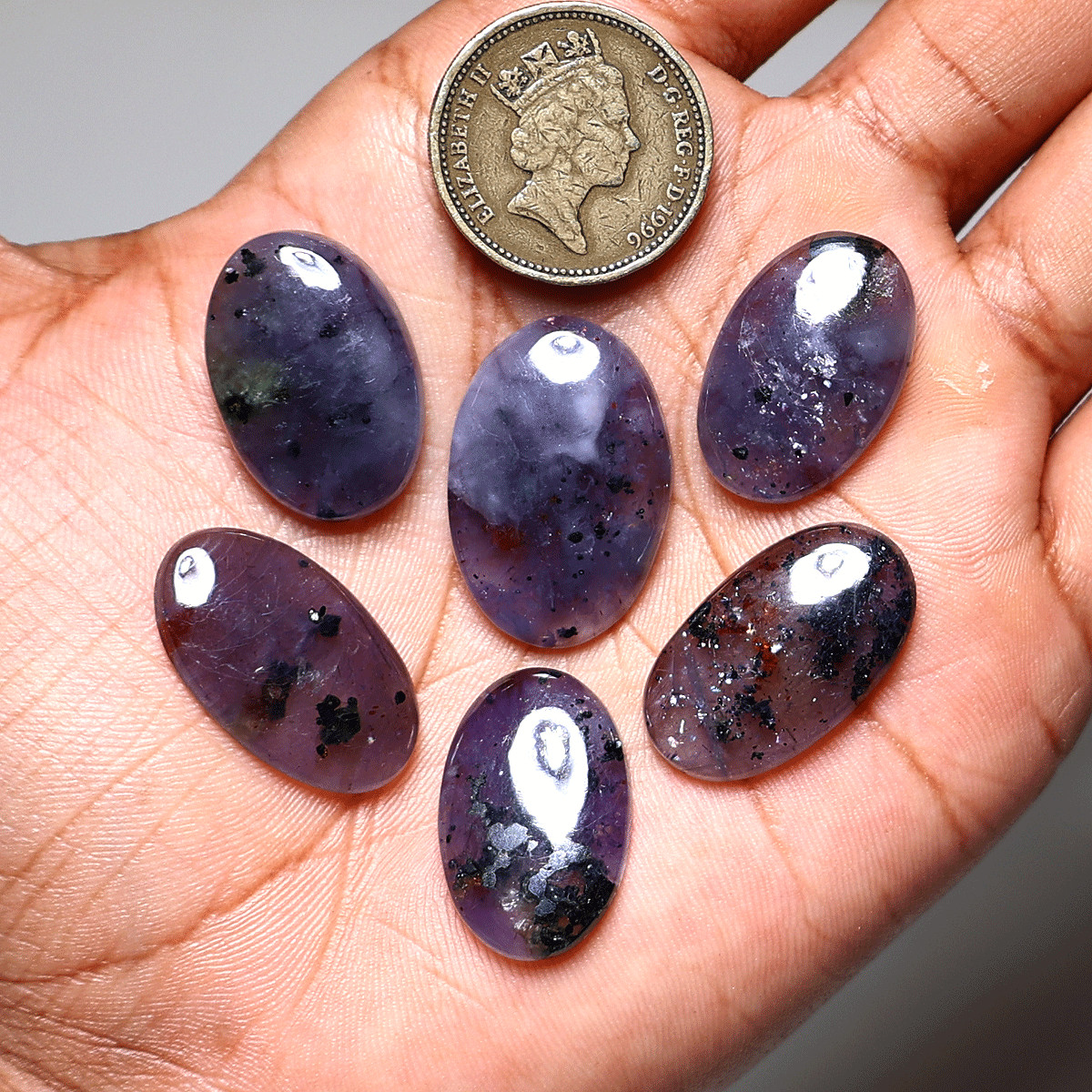 6 PC Violet Mist Iolite Cabochon Set– Indigo Stones w/ Hematite Flecks – 23-27mm