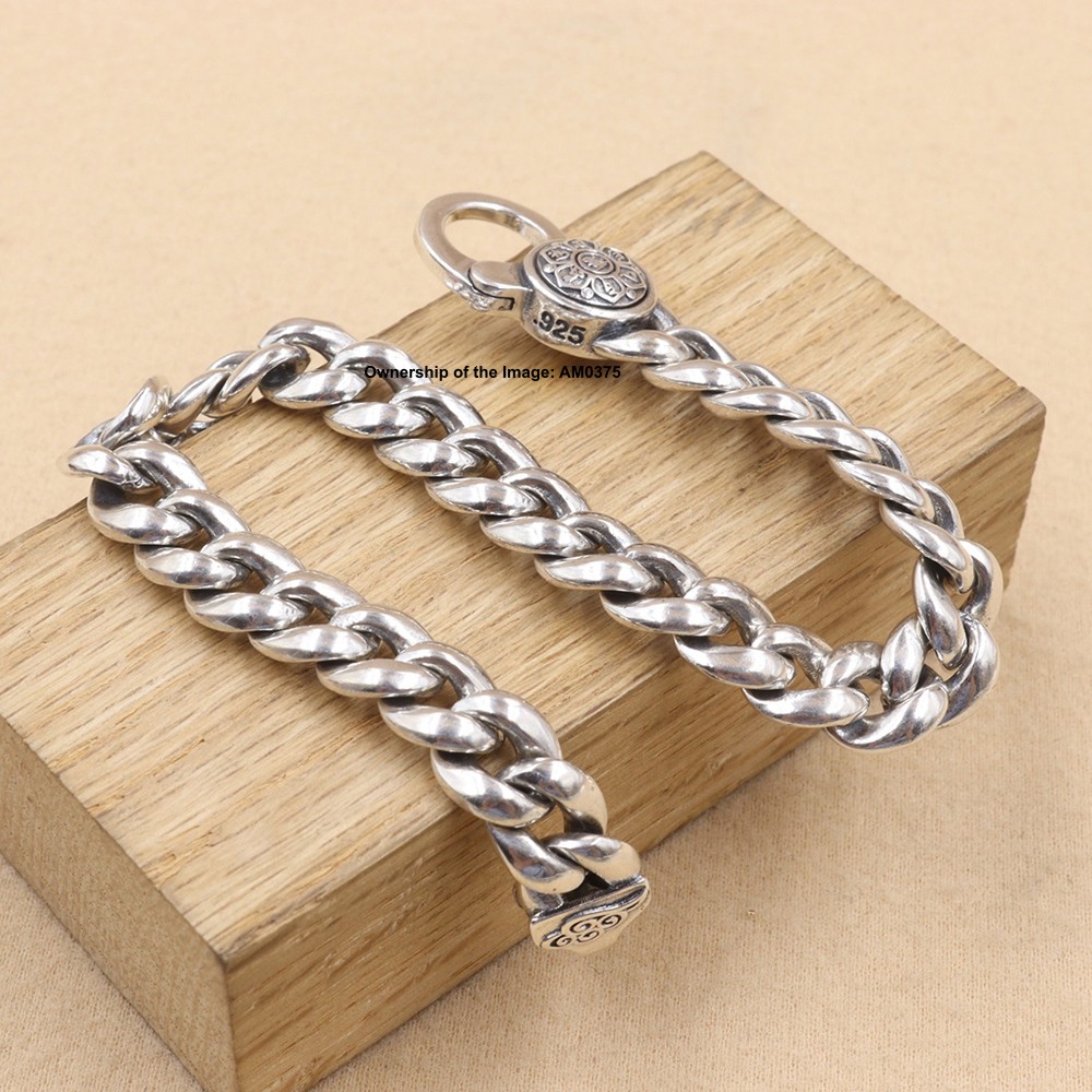 Pure S925 Sterling Silver Bracelet 9mm Curb Link Chain Bangle 7.1-8.7inch