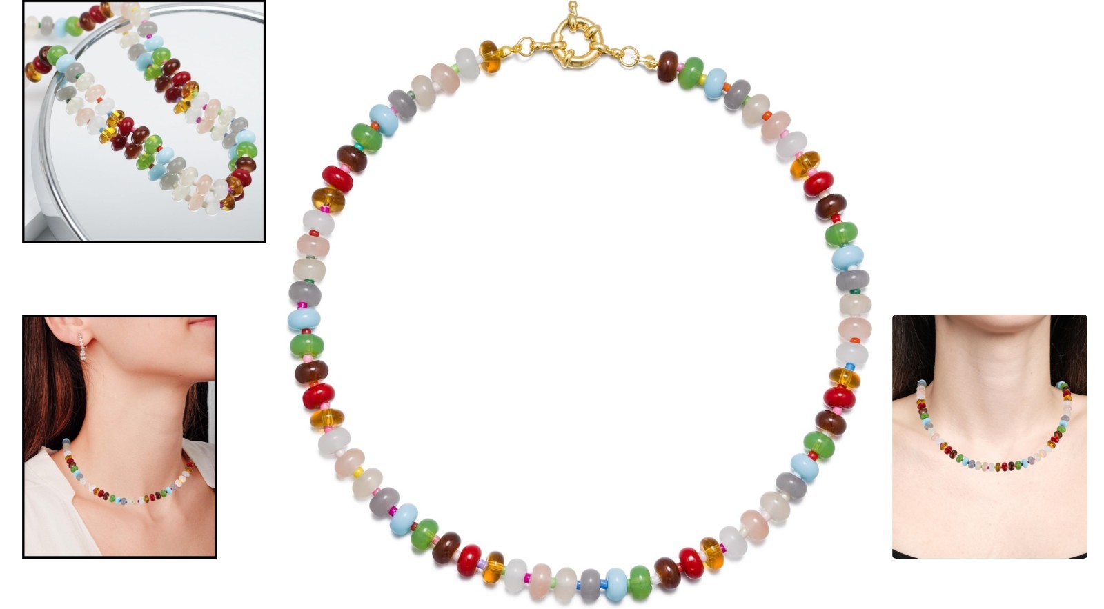 Handcrafted Natural Stone Beaded Necklace – 14K Gold-Plated Adjustable Charm