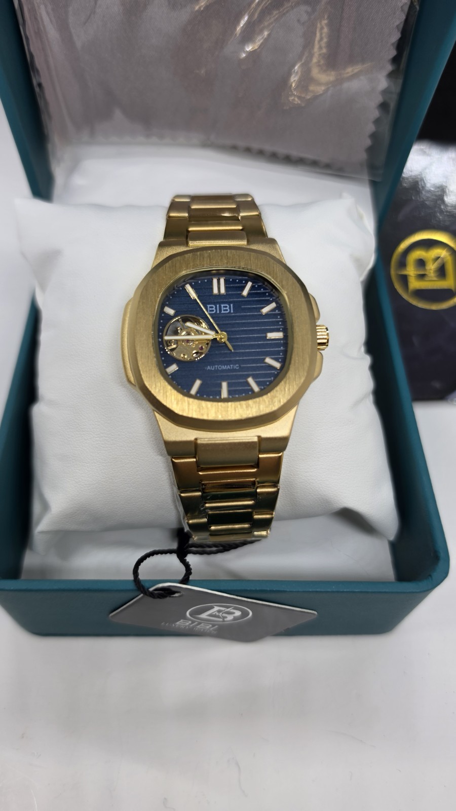 BIBI Luxury Automatic Skeleton Blue Face Watch Gold-Tone Stainless Steel Band