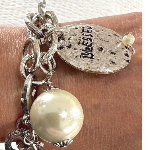 Atelier Charm Bracelet 8 Inch Silver Tone Blessed Disc Faux Pearl Jewelry