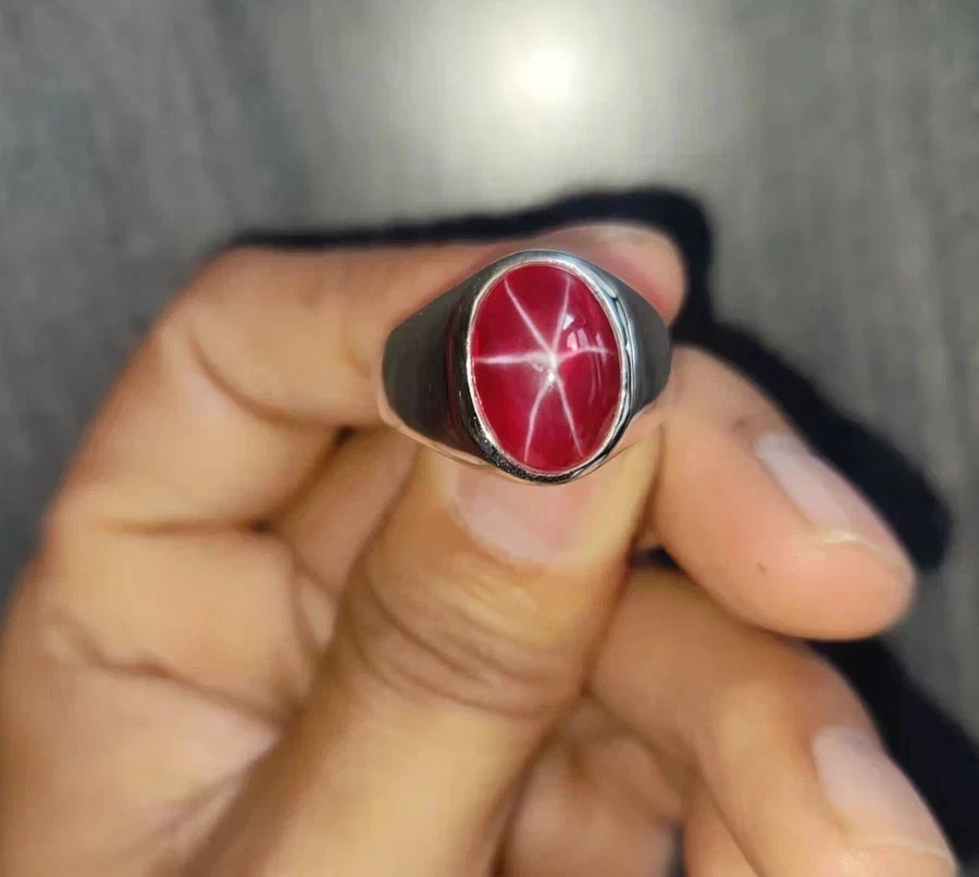 10CT Natural Red Star Ruby Mens Ring 925 Sterling Silver Handmade Statement Ring