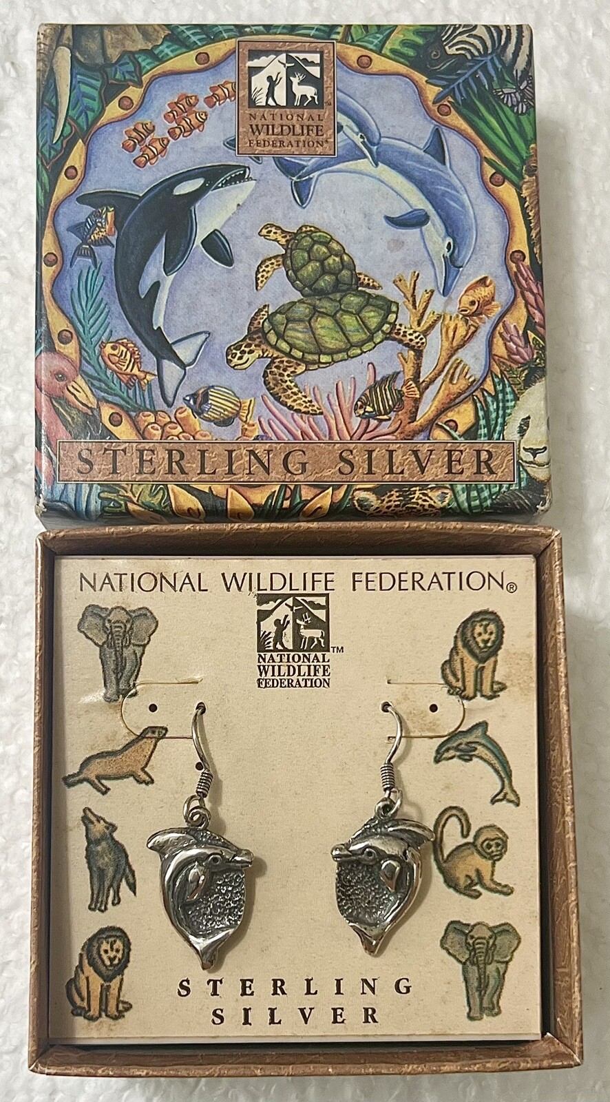 1990s Sterling Silver NWF National Wildlife Federation DOLPHIN Earrings 6g w/Box