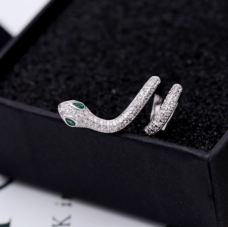 Sterling Silver Sparkling CZ Snake green eyes Stud earring ear cuff climber PE37