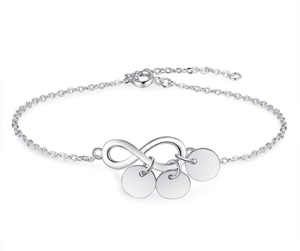 Mother’s Day Infinity Anklet With 3 Custom Engraved Name Charms 925 Sterling
