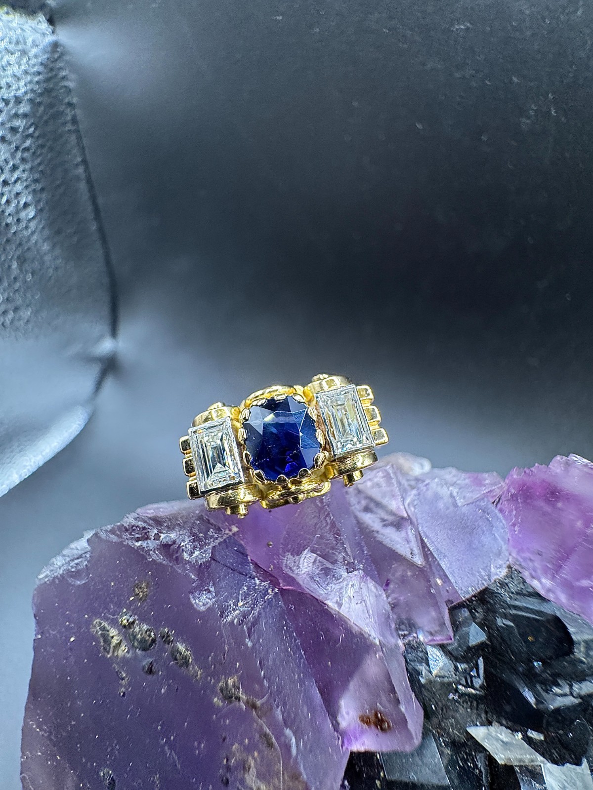 Handmade 18ct Yellow Gold Ring with Blue Sapphire & Diamond Baguettes