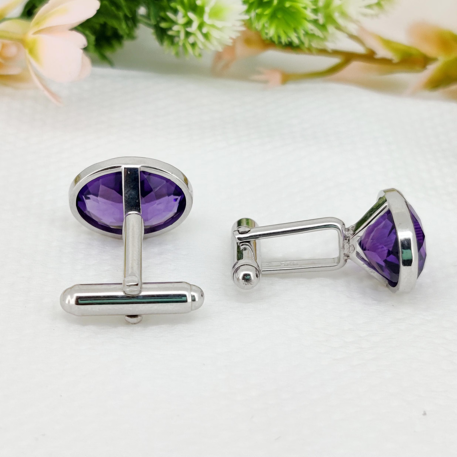 Natural Amethyst Silver Cuff Links for Men 12×16 mm Oval Gemstone Cuffs for him