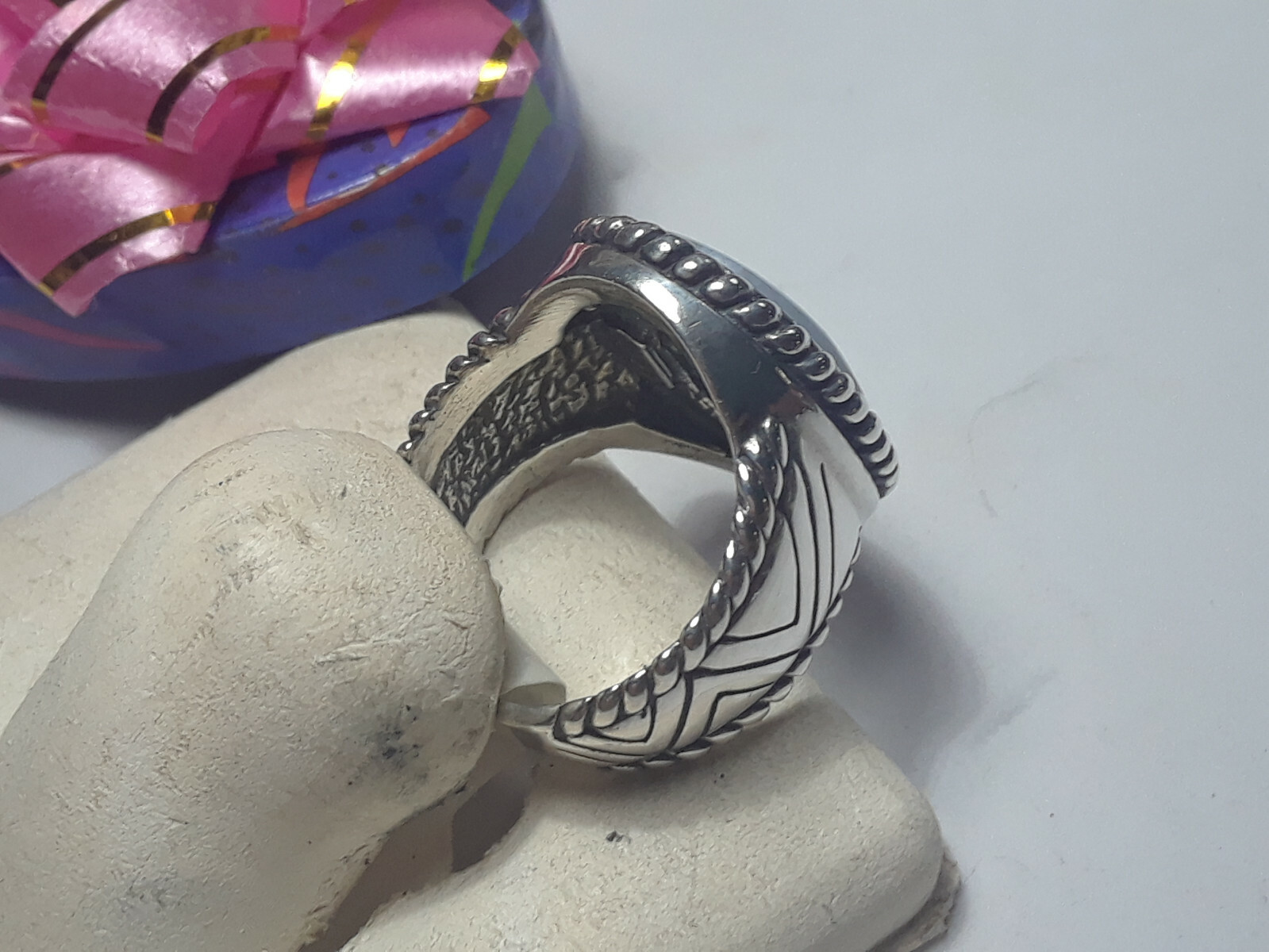 Vintage Natural Lacey Agate Bezel Rope Edge & Sides Sterling Silver Ring #10152