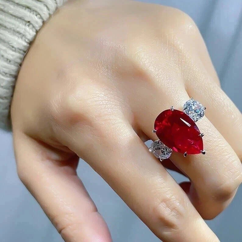 4.90 Ct Pear Cut Natural Red Ruby Diamond Proposal Ring 14K Solid White Gold 7