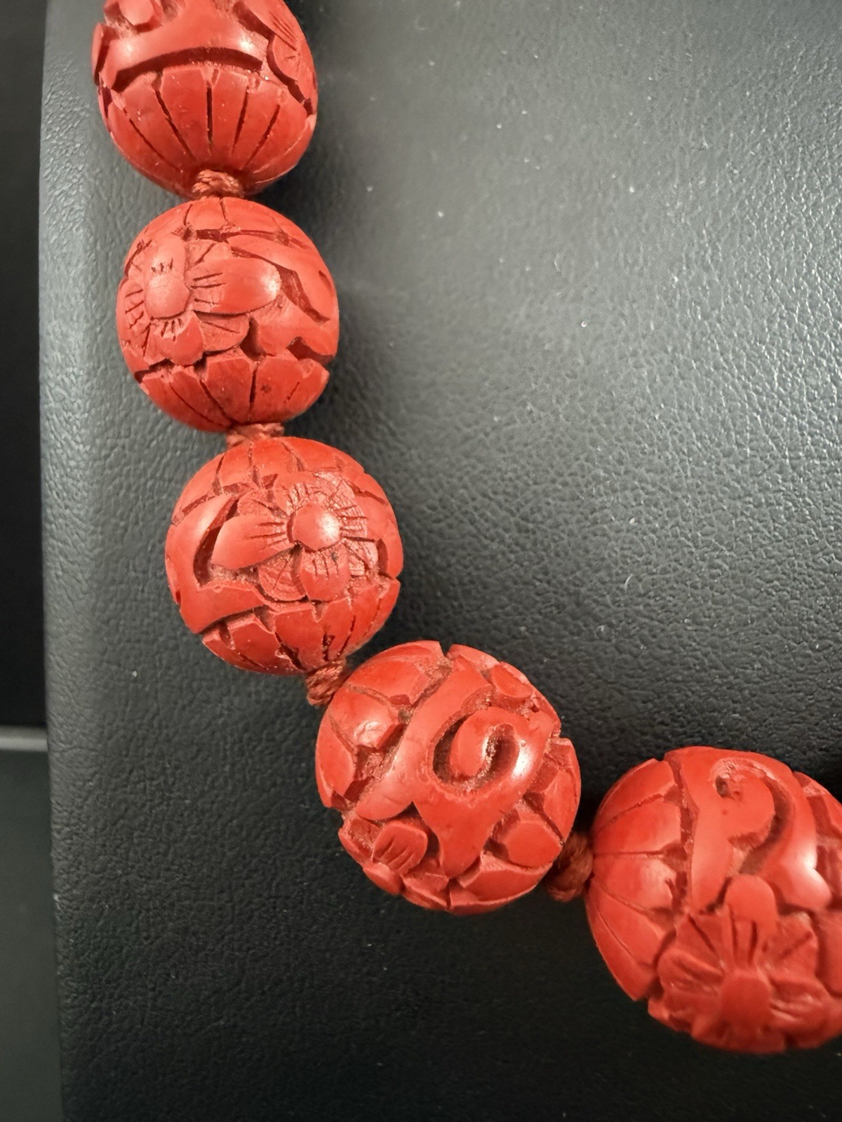 Vintage Chinese Export 24″ Necklace Hand Carved Red Cinnabar Lacquer Beads H12