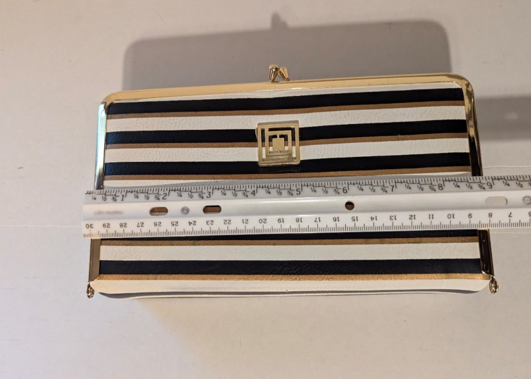 Liz Claiborne Black White Striped w/Gold Accents Hard Travel Jewelry Box 9″L