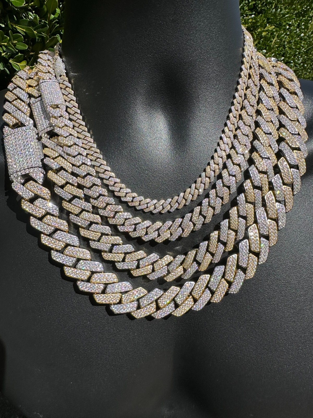 MOISSANITE Real Miami Cuban Link Prong Chain Ice Gold Plated 925 Silver Necklace