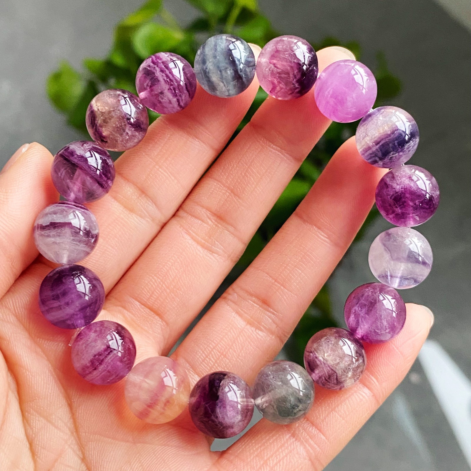 12.3mm Natural Color Fluorite Quartz Crystal Gemstone Beads Bracelet 2940