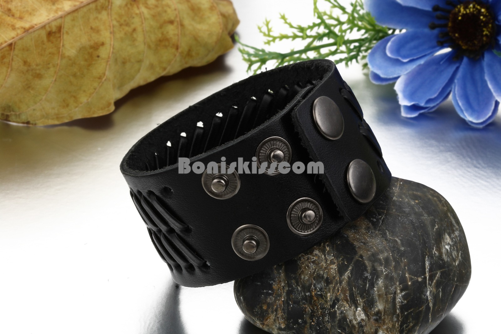 Super Wide Black Leather Men‘s Boys Adjustable Cuff Strap Wristband Bracelet