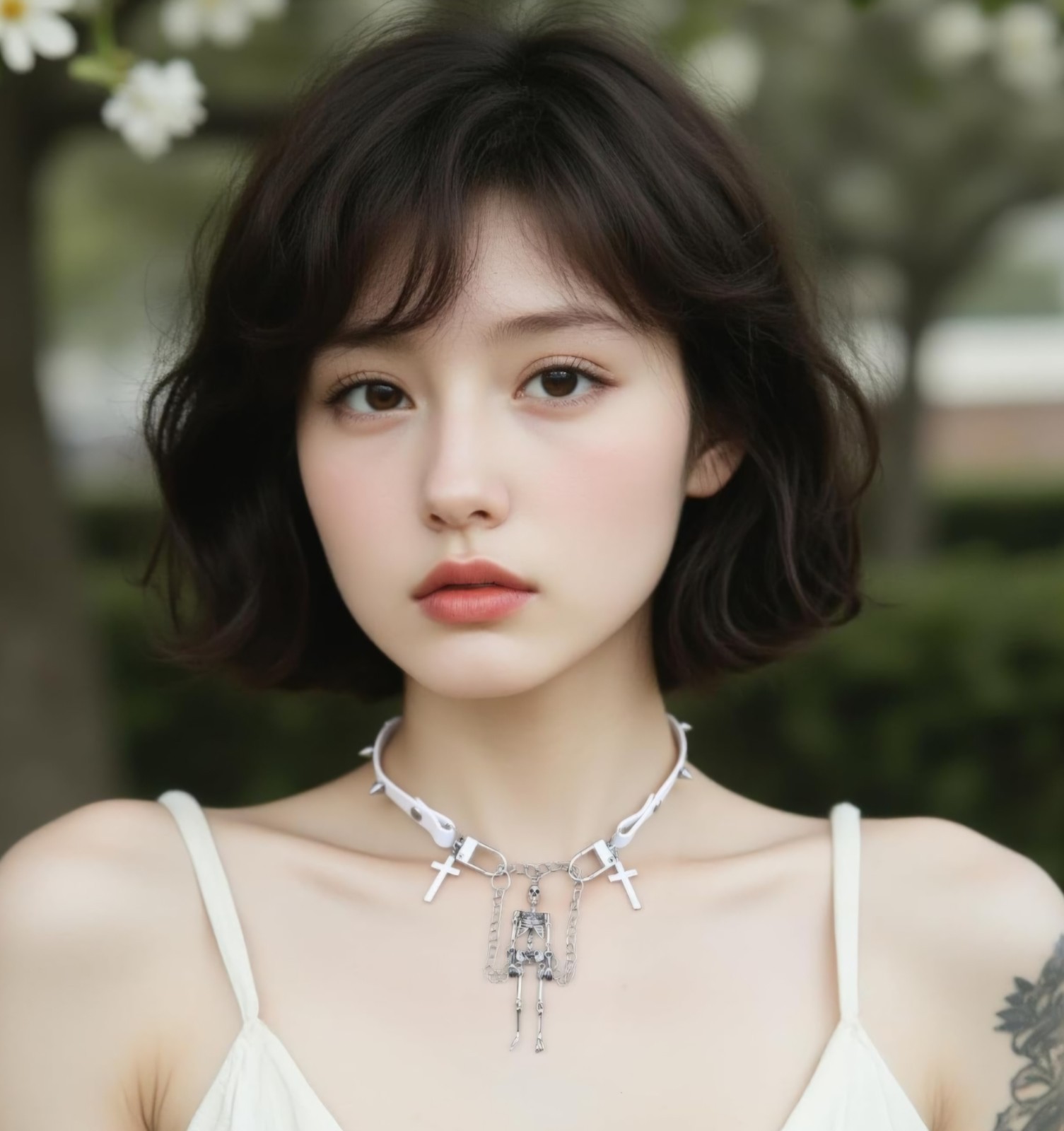 Emo Goth Punk Rock Gothic Skeleton Cross Stud Spike White Choker Necklace Collar