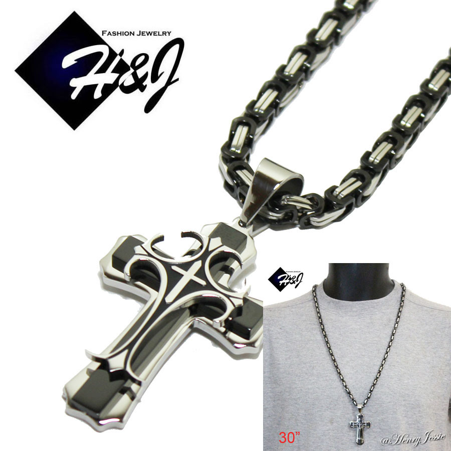30″MEN Stainless Steel 6mm Silver/Black Plated Box Necklace Cross Pendant*BBH