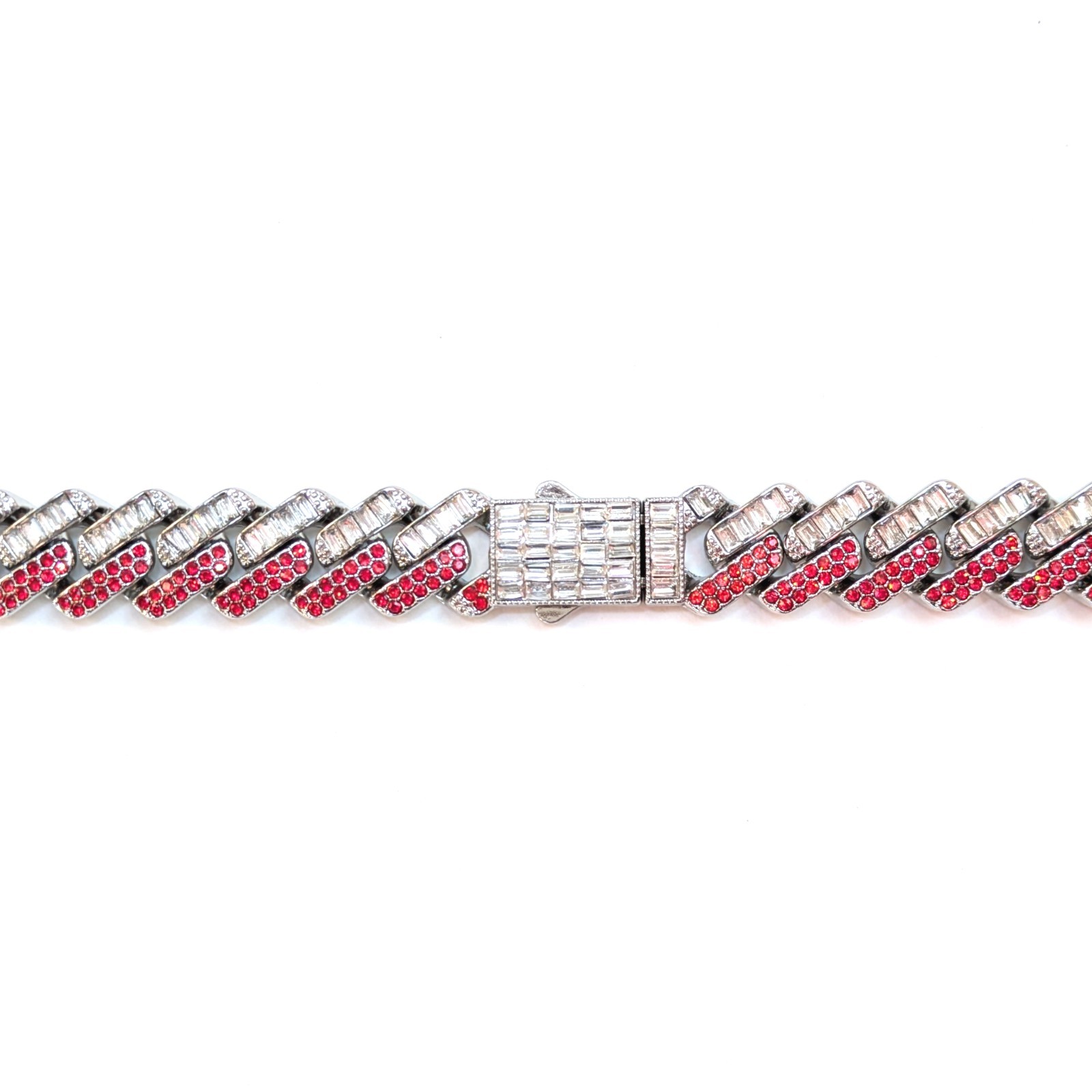 Silver, Red &White Iced-Out Tilted Cuban Link Chain Gem Necklace (Choose Length)