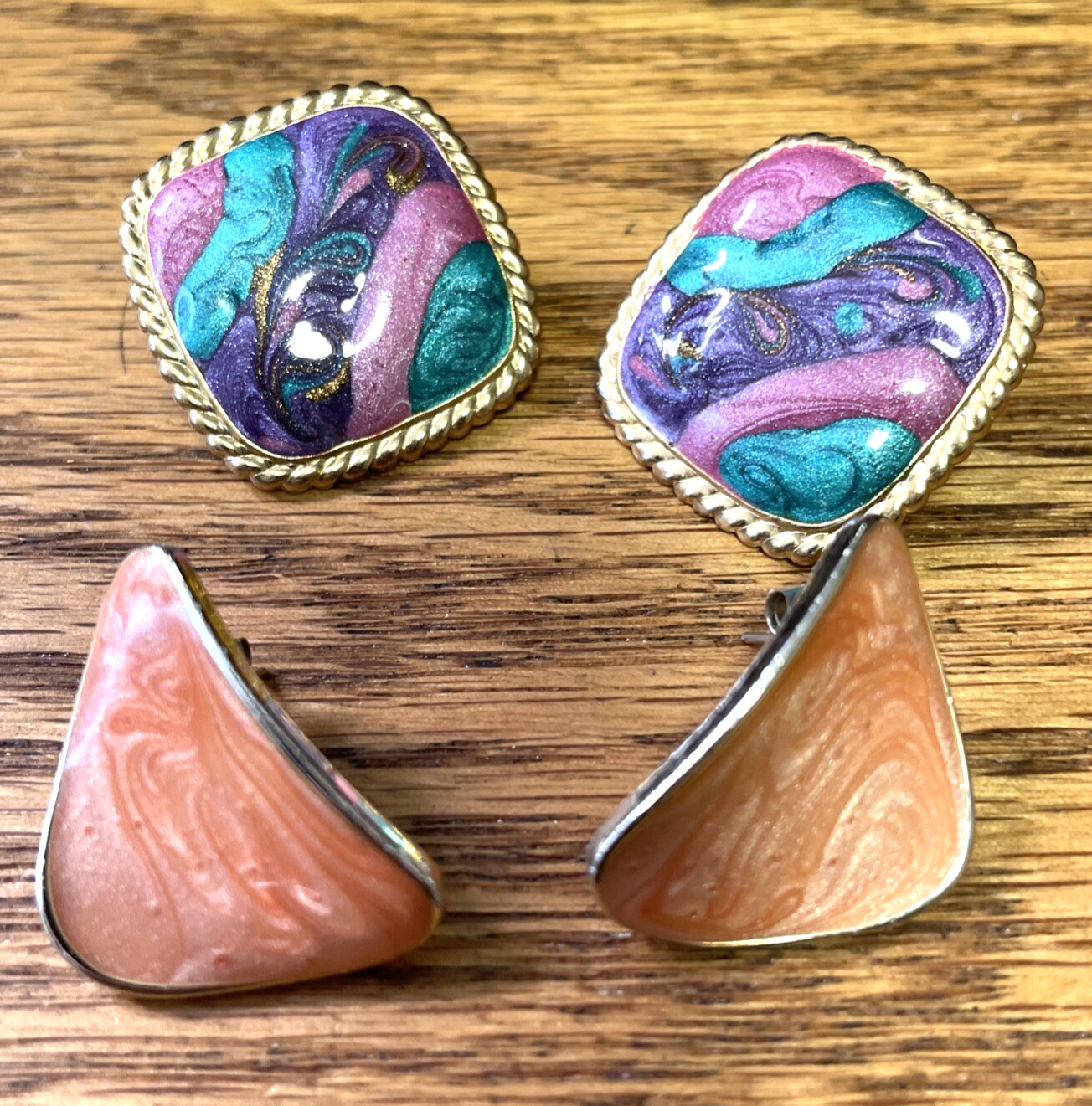 Earrings Enamel Mauve Peach Vintage Large 1980’s Shimmery Gold Runway 2 pr