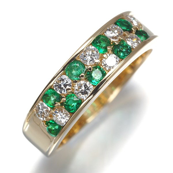 Auth Mikimoto Ring Emerald 0.37ct Diamond 0.36ct US5.75-6 18K 750 Yellow Gold