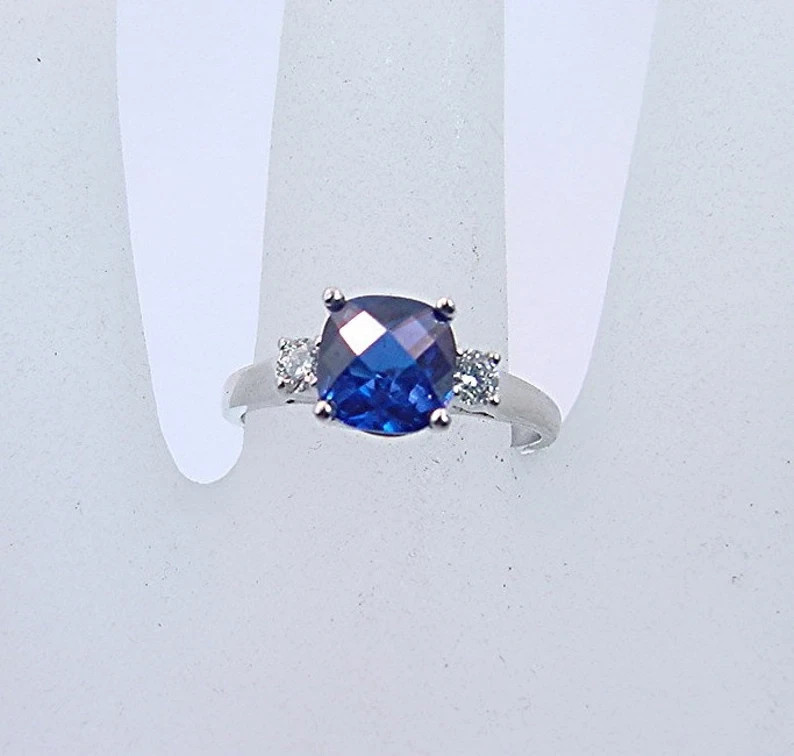 3.00 Ct Cushion Natural Sapphire & Diamond Wedding Ring 14K White Gold Size 5
