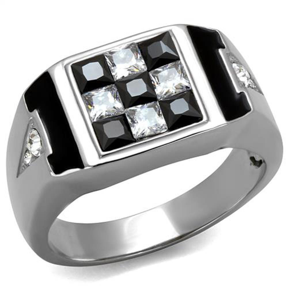Men’s 2.56 Ct Clear & Black Princess Cut CZ Stainless Steel Fashion Ring Sz 8-13