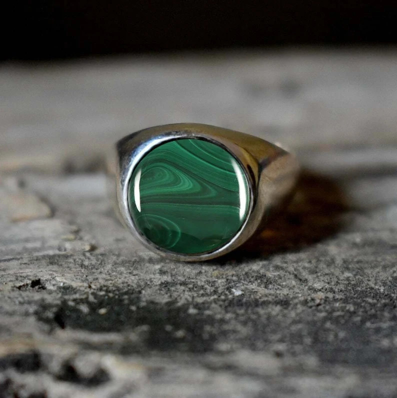 Solid 925 Sterling Silver Natural Green Malachite Cab Gemstone Men’s Unisex Ring