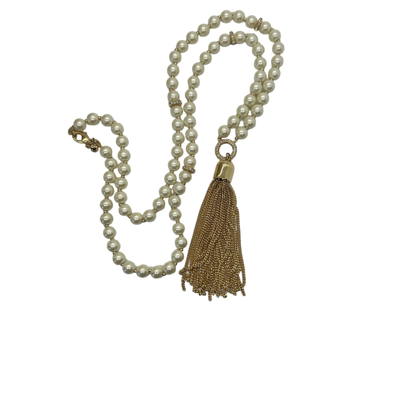 Ann Taylor Gold Tone Faux Pearl Tassel Necklace Clear Rhinestones 29″ Long