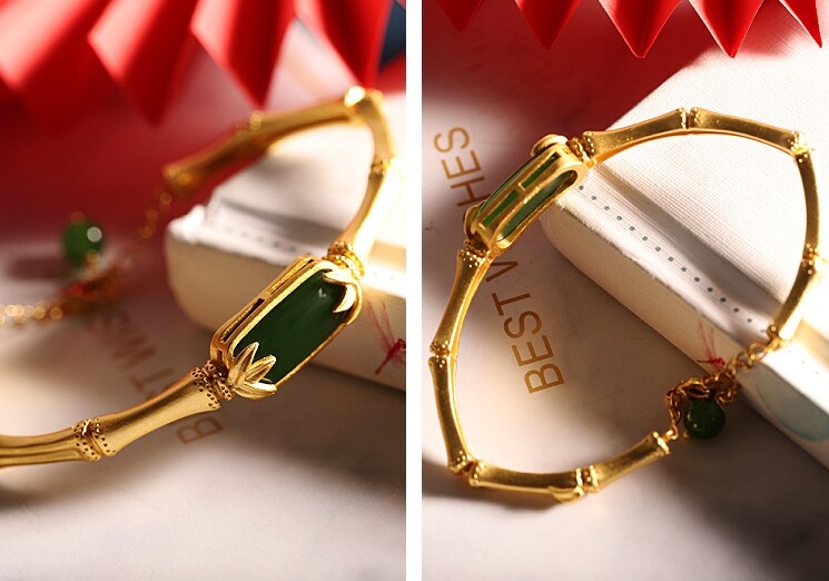 I03 Bamboo Bracelet with Green Jade Sterling Silver 925 Gold Plated