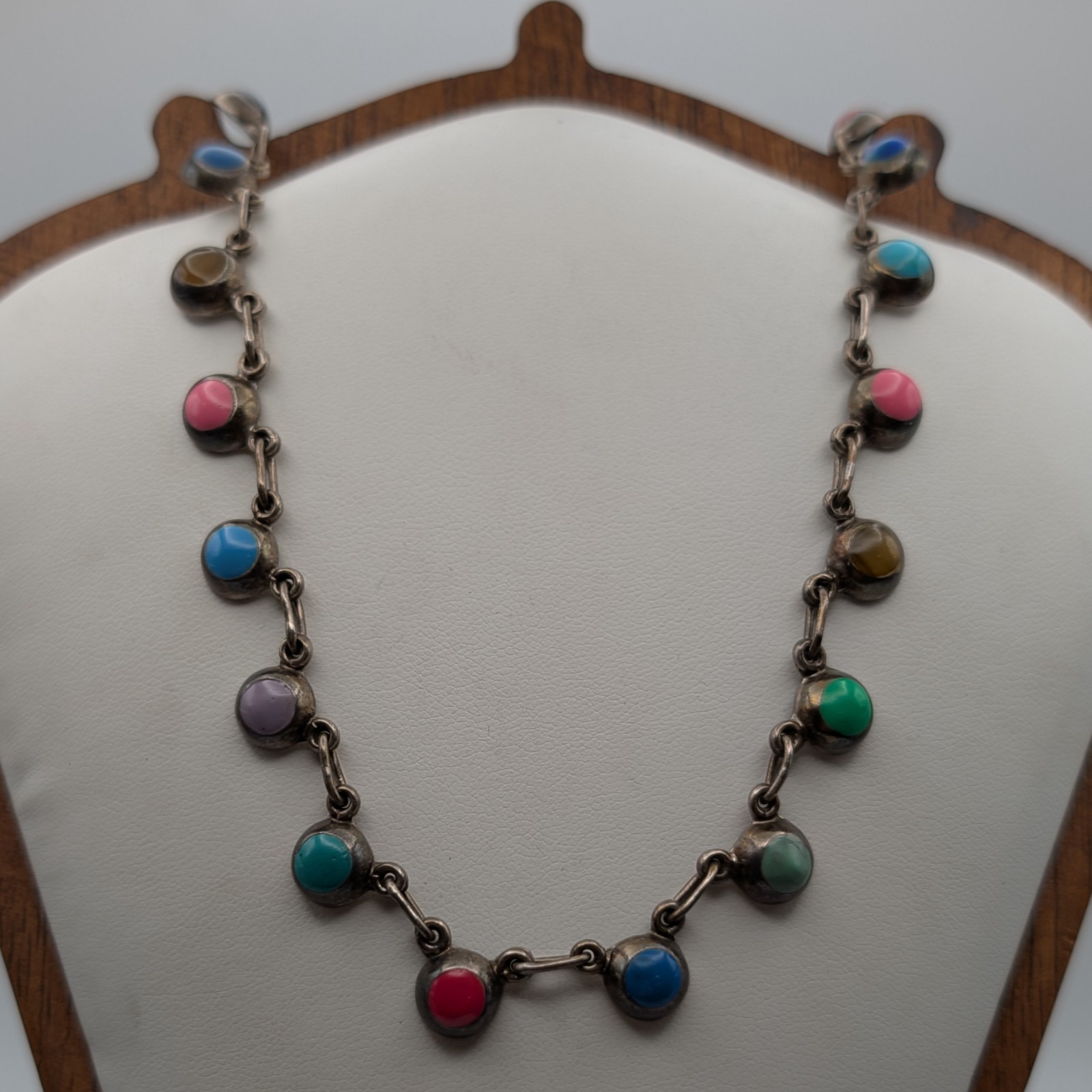 Vtg Taxco 925 Sterling Silver Multi Color Cabochon Link Necklace 16″ Mexico 23g