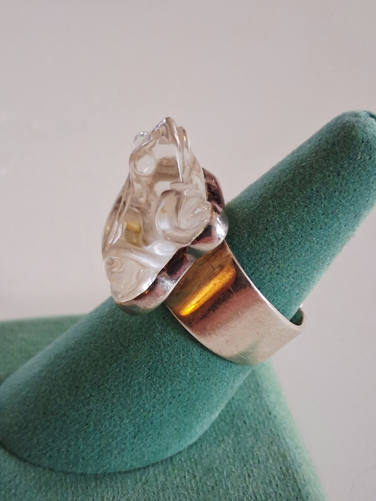 Hand Carved Rock Crystal Quartz Frog Statement Ring Size 10 Sterling Silver NIB