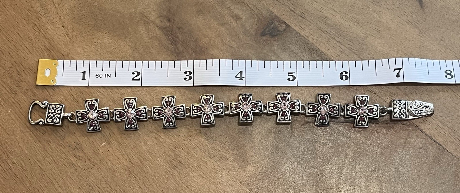 Vintage Gothic Stainless Steel Cross Link Bracelet Pink Rhinestone Crystal 7.5″