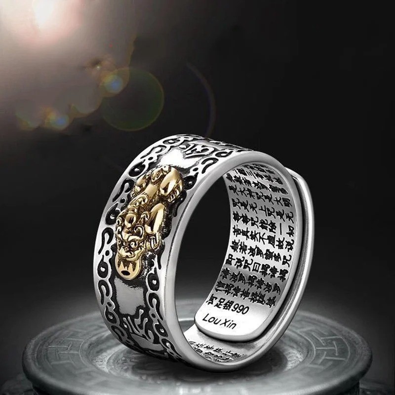 Feng Shui Pixiu Adjustable Ring Silver Plated Buddhist Mantra LuckyAmulet Unisex